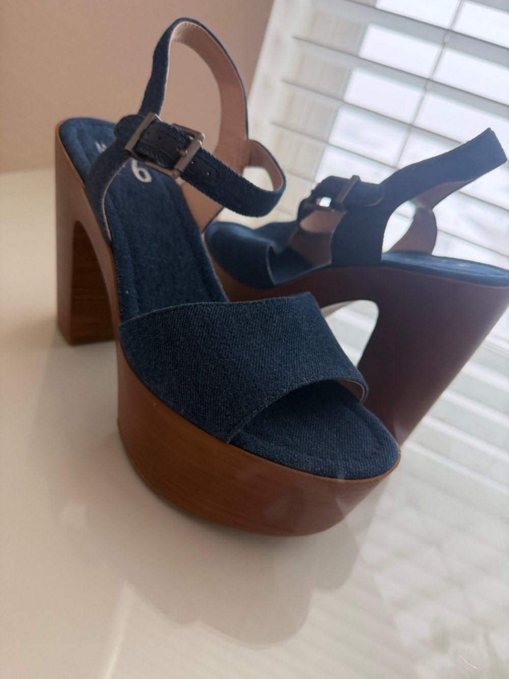 Mix No. 6 Denim Navy Platform Sandal with Wood Block Heel